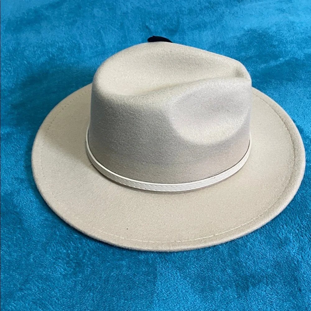 Tan Women's Felt Fedora Western Cowboy Hat White Belt Double Brown Feathers